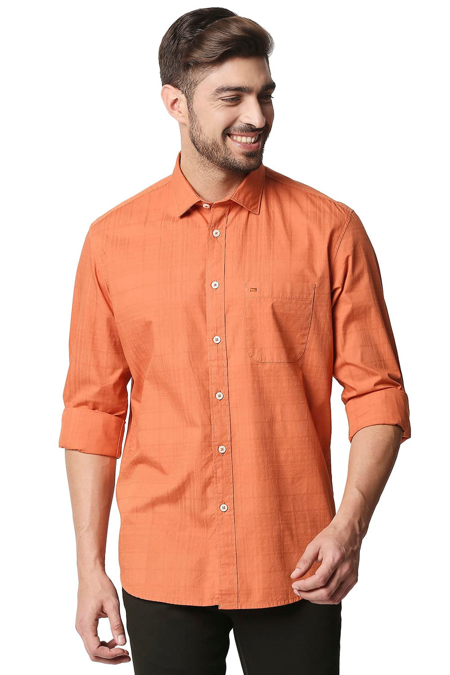 BASICS SLIM FIT PHEASANT ORANGE DOBBY CHECKS SHIRT