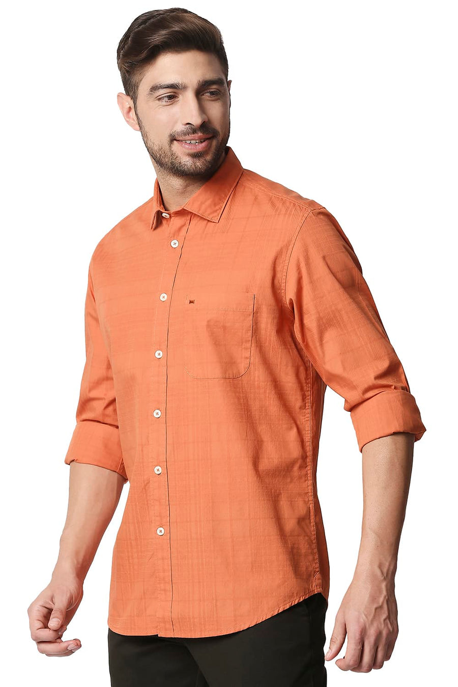 BASICS SLIM FIT PHEASANT ORANGE DOBBY CHECKS SHIRT