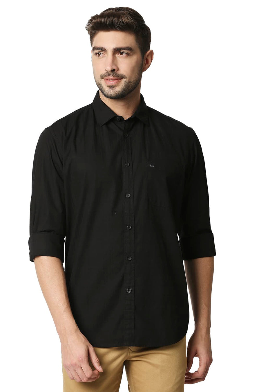 BASICS SLIM FIT ANTHRACITE BLACK DOBBY CHECKS SHIRT