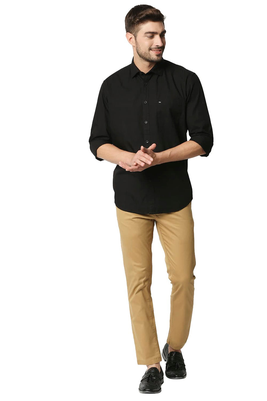 BASICS SLIM FIT ANTHRACITE BLACK DOBBY CHECKS SHIRT