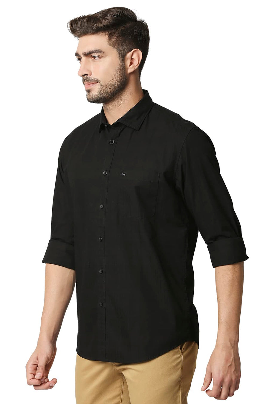BASICS SLIM FIT ANTHRACITE BLACK DOBBY CHECKS SHIRT