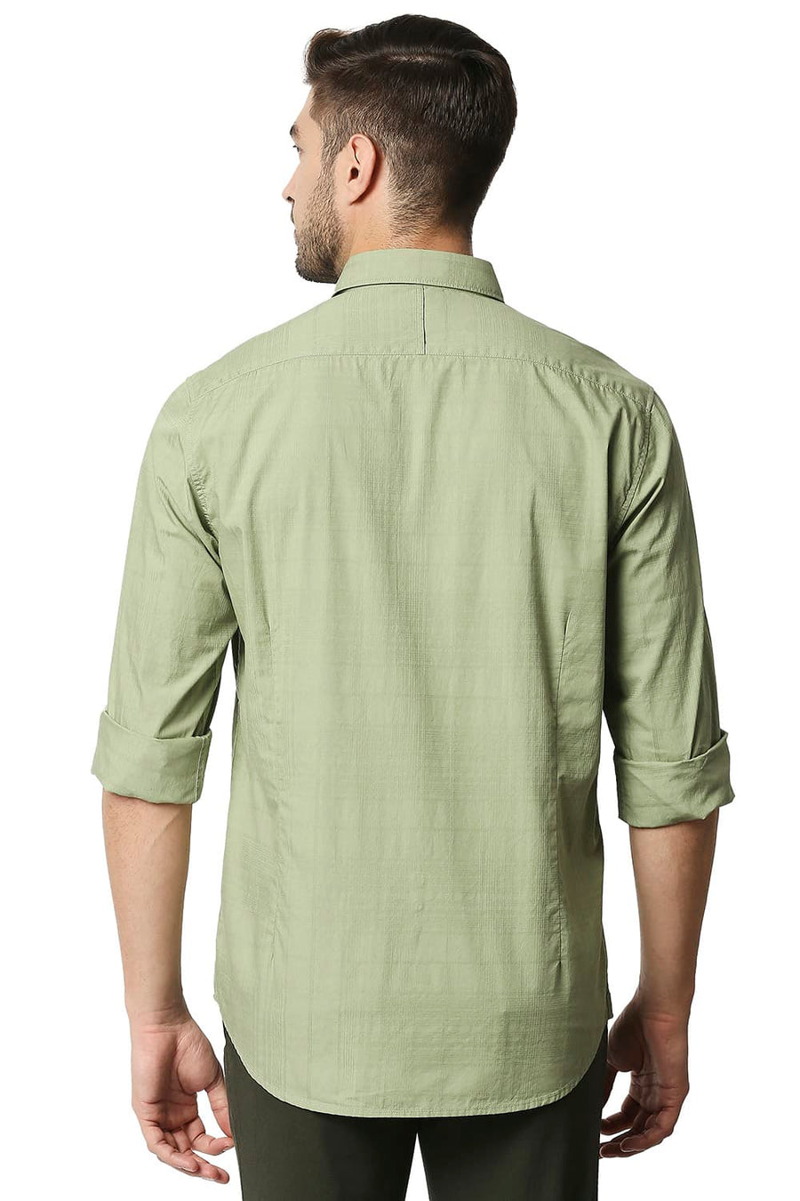 BASICS SLIM FIT SAGE GREEN DOBBY CHECKS SHIRT