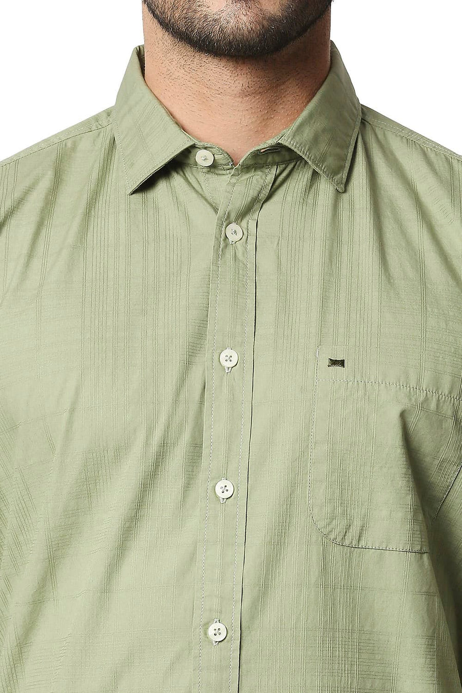 BASICS SLIM FIT SAGE GREEN DOBBY CHECKS SHIRT