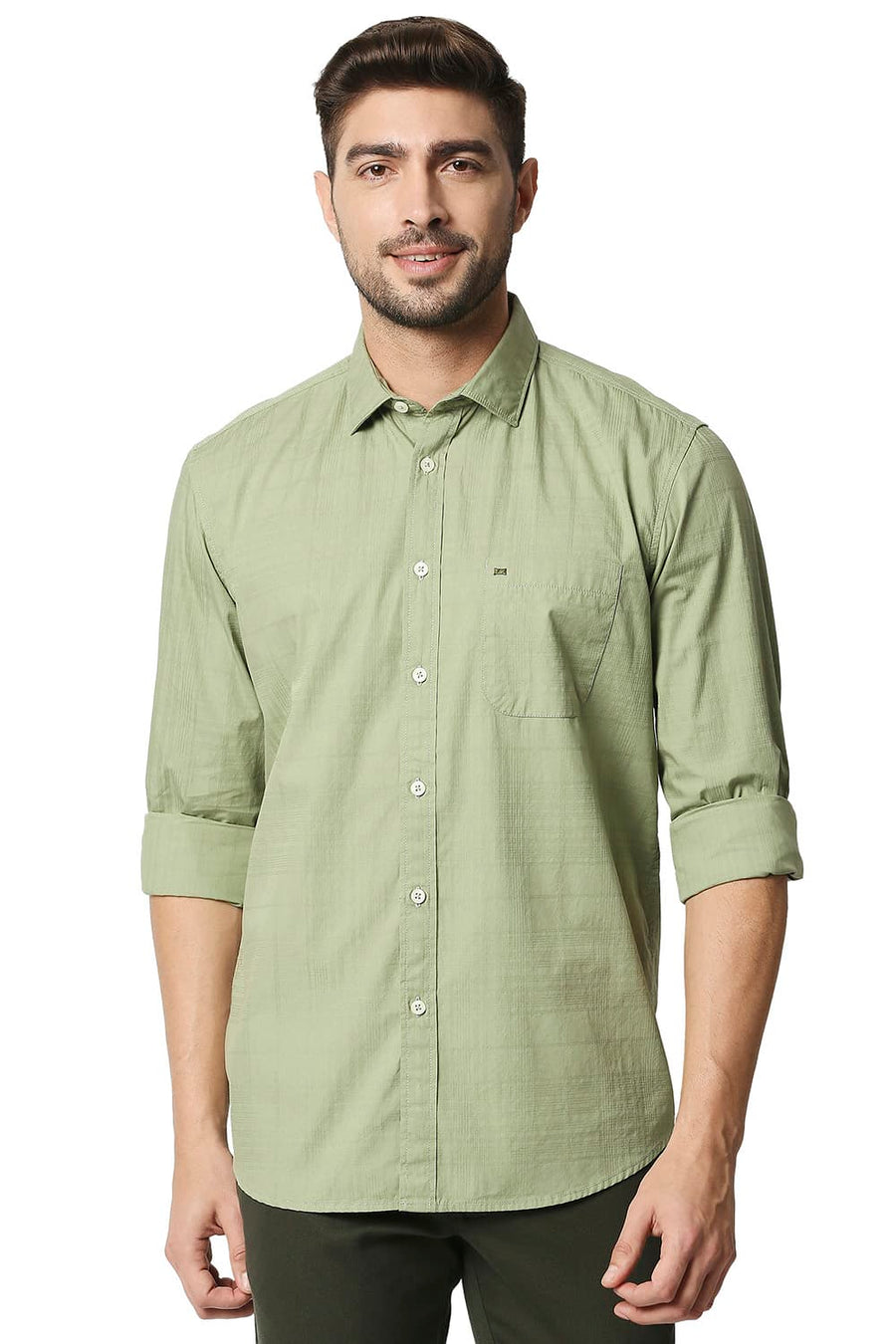 BASICS SLIM FIT SAGE GREEN DOBBY CHECKS SHIRT