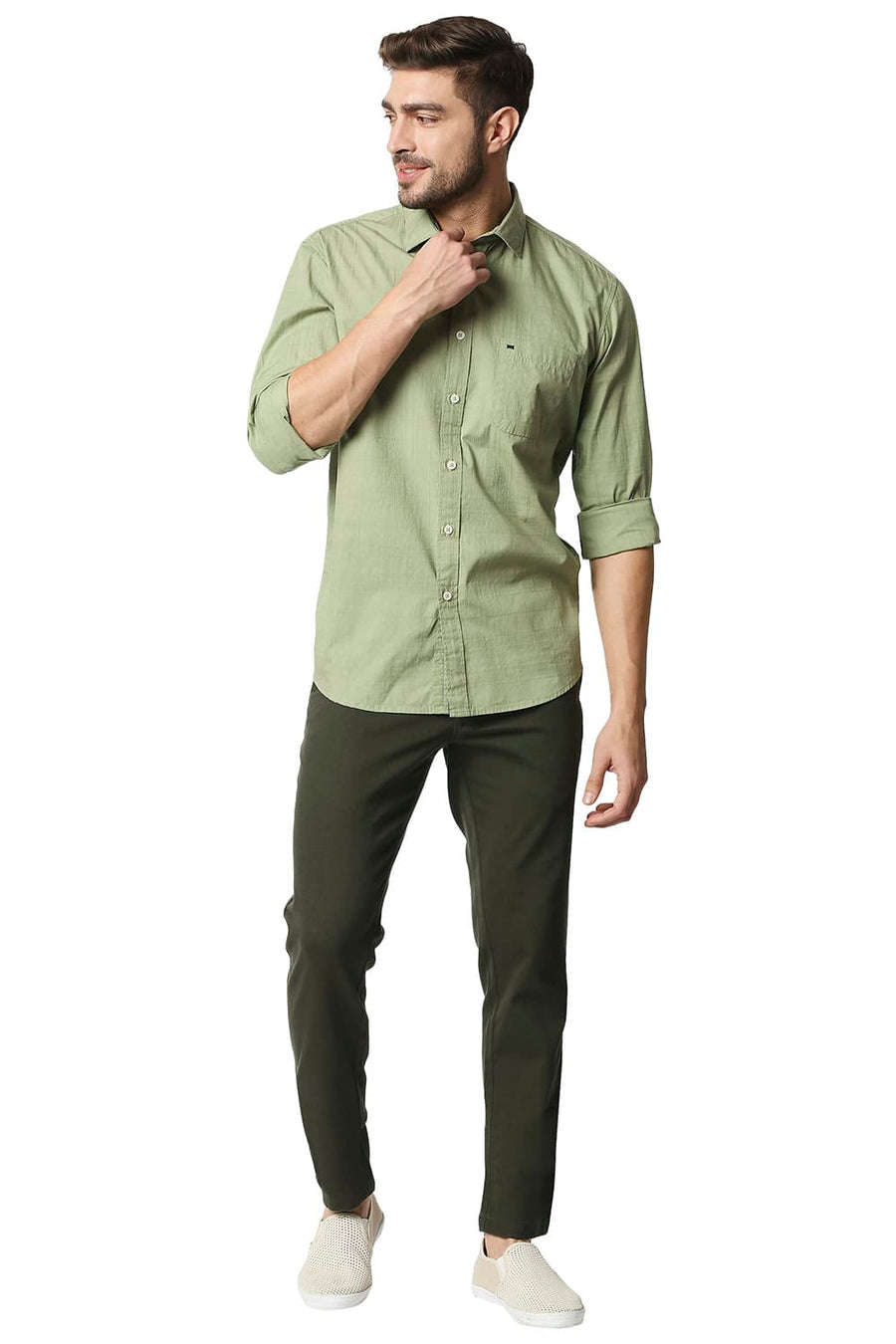 BASICS SLIM FIT SAGE GREEN DOBBY CHECKS SHIRT