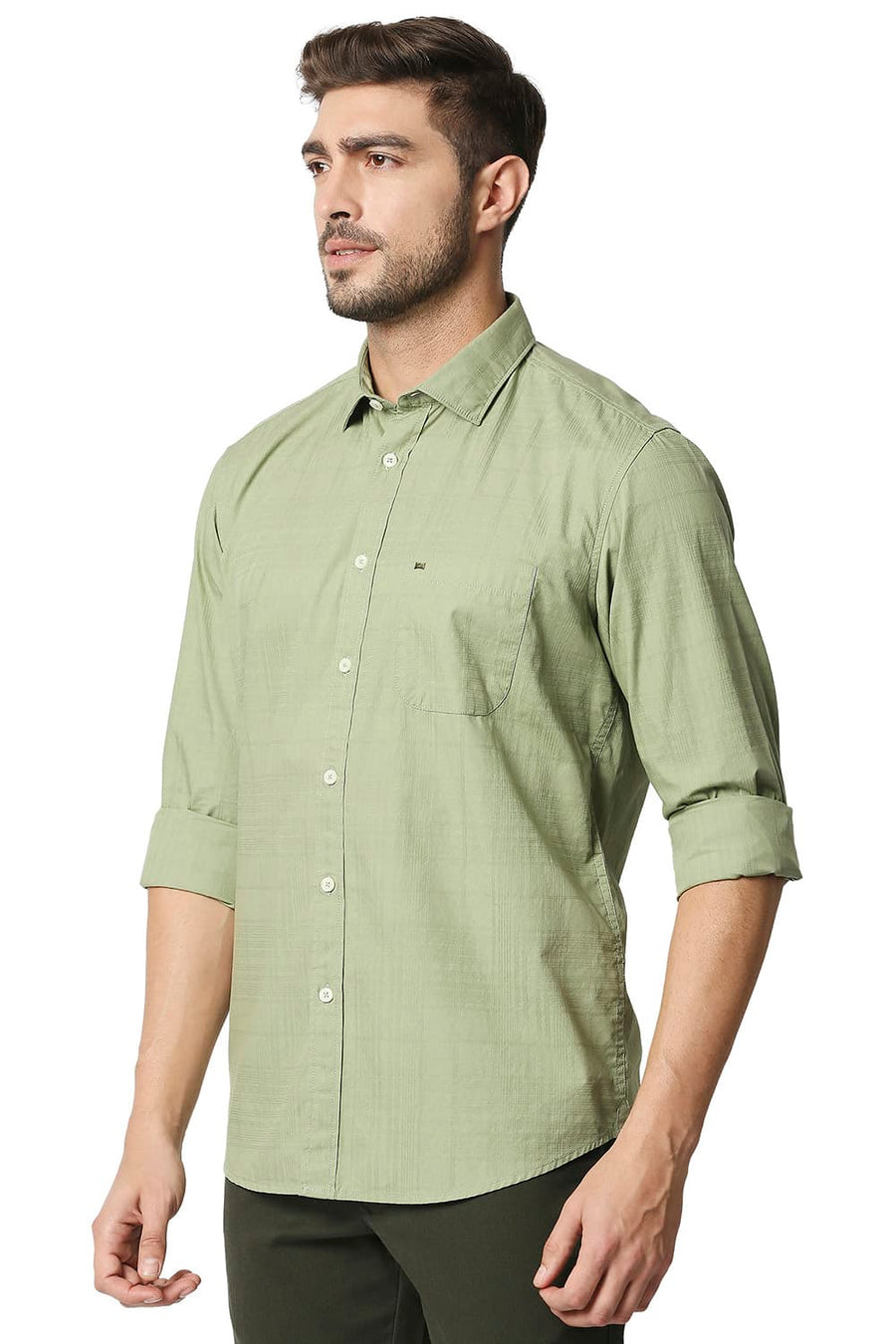 BASICS SLIM FIT SAGE GREEN DOBBY CHECKS SHIRT