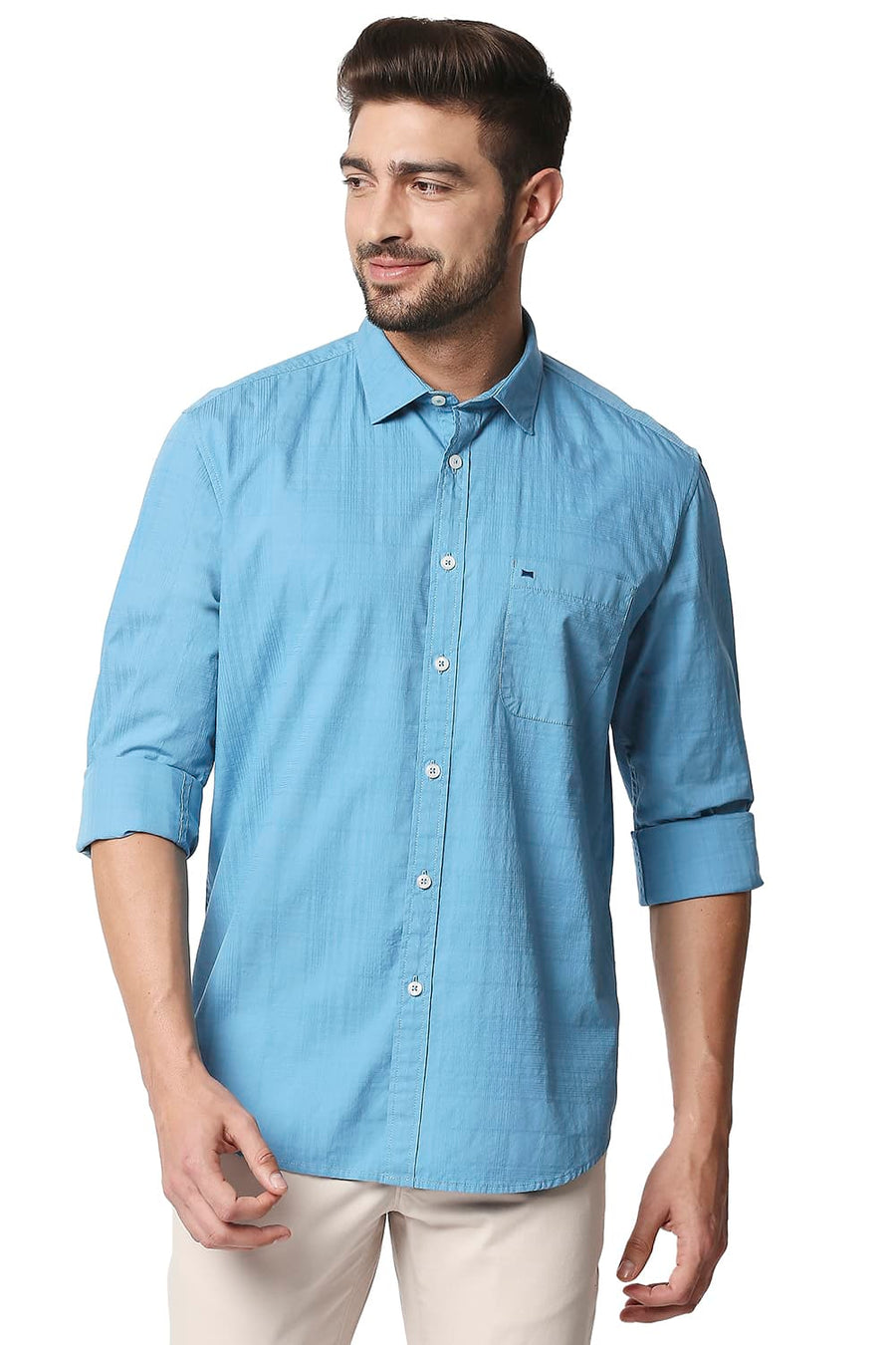 BASICS SLIM FIT ADRIATIC BLUE DOBBY CHECKS SHIRT
