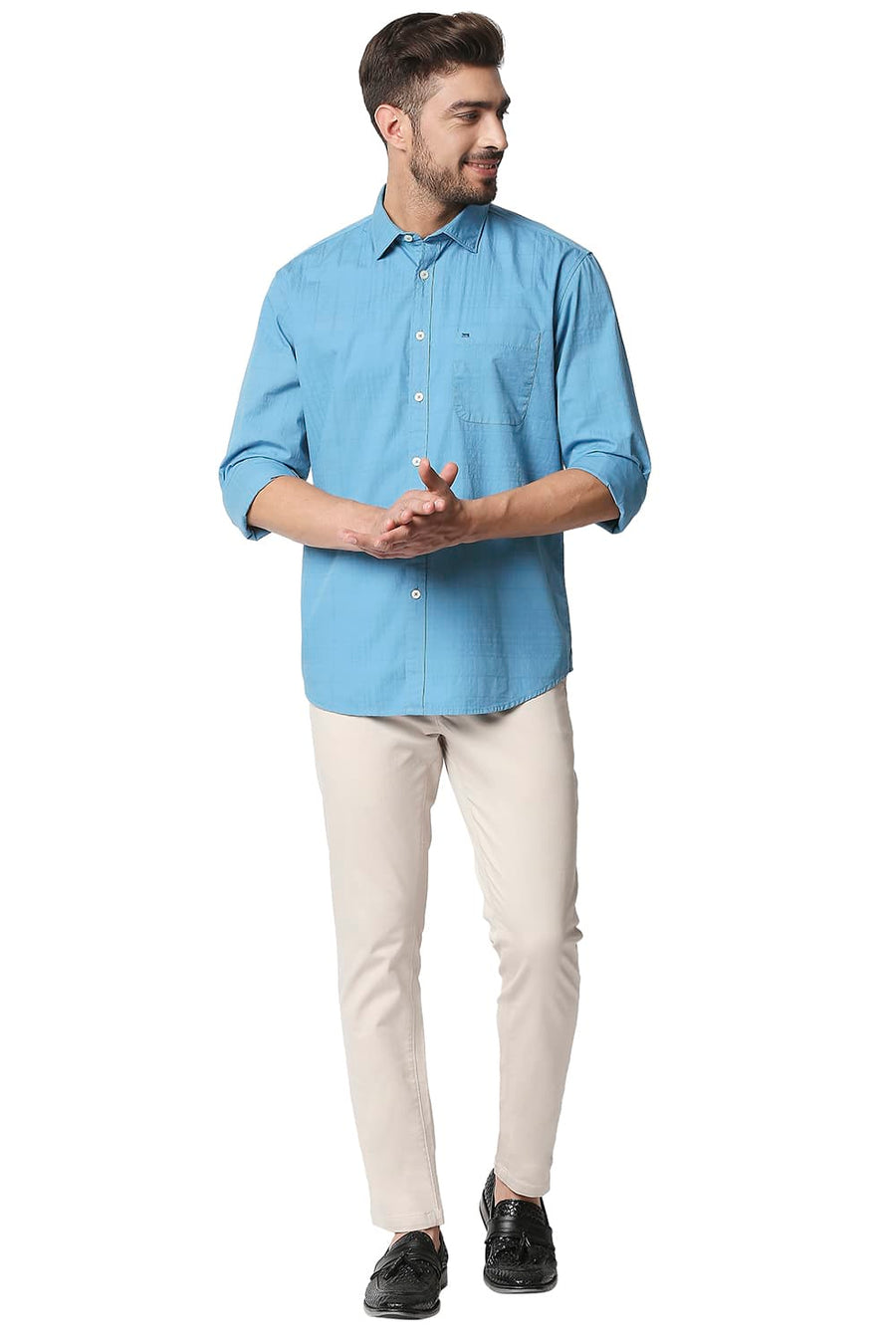 BASICS SLIM FIT ADRIATIC BLUE DOBBY CHECKS SHIRT