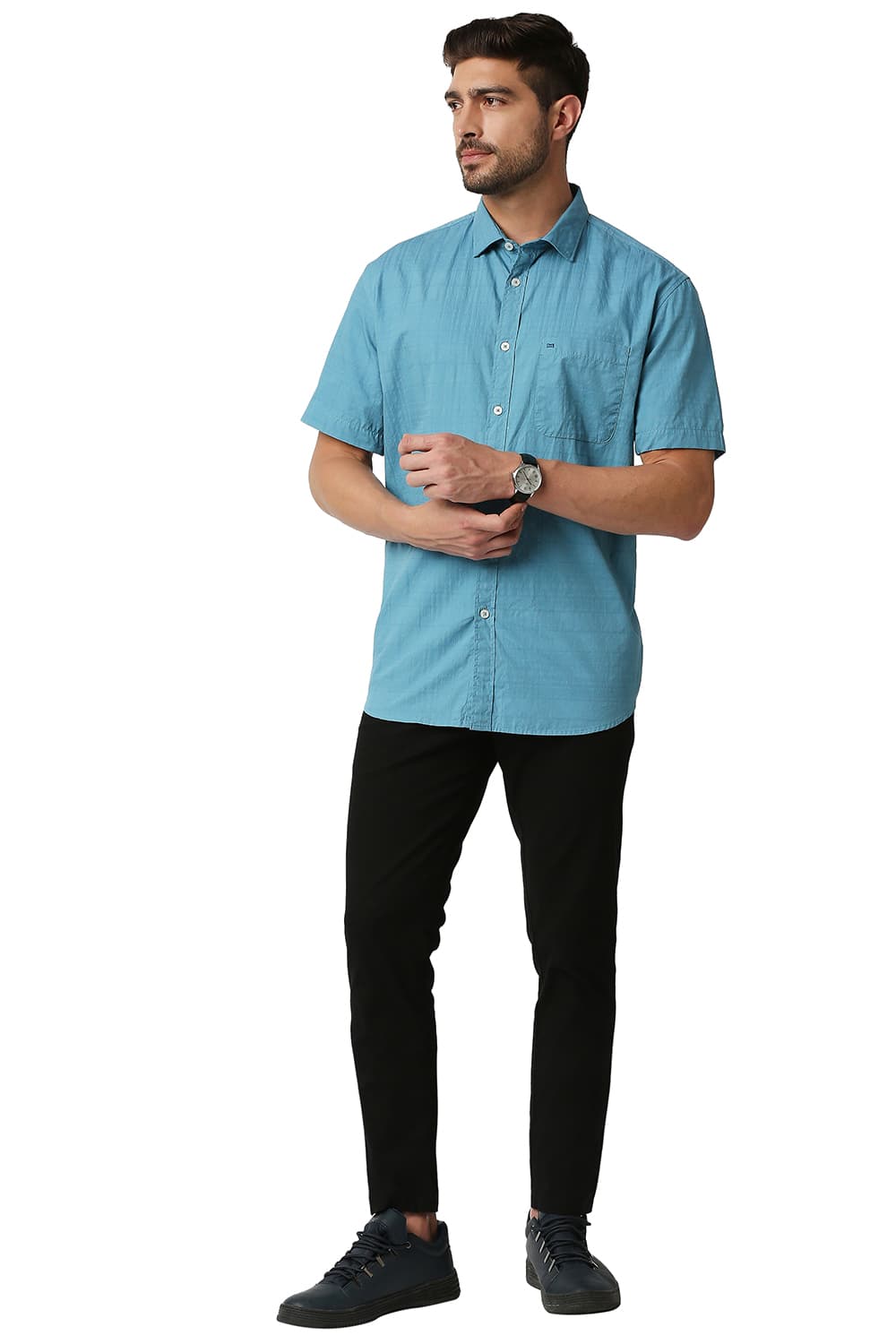 BASICS SLIM FIT DOBBY CHECKS HALFSLEEVES SHIRT