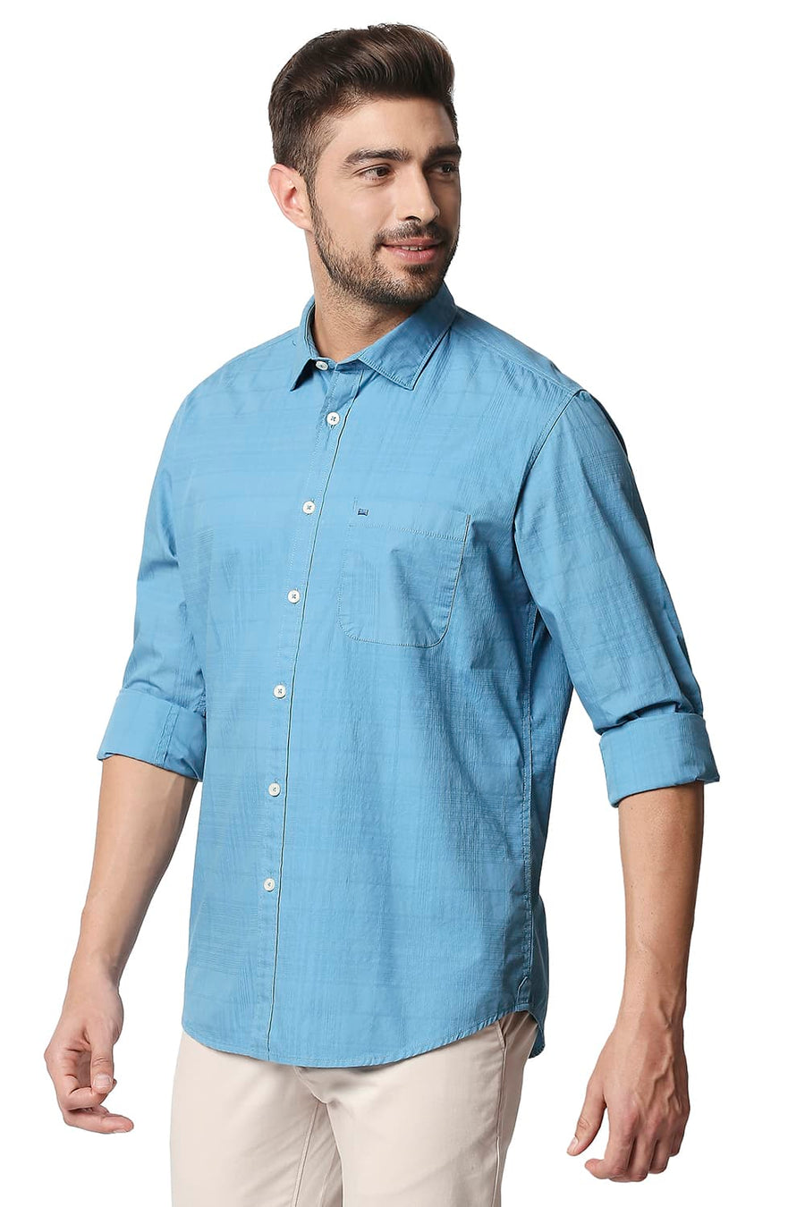 BASICS SLIM FIT ADRIATIC BLUE DOBBY CHECKS SHIRT