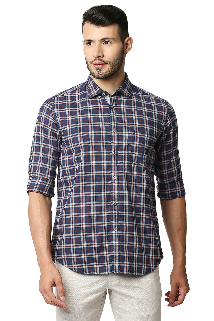 BASICS SLIM FIT PORT BROWN MELANGE CHECKS SHIRT