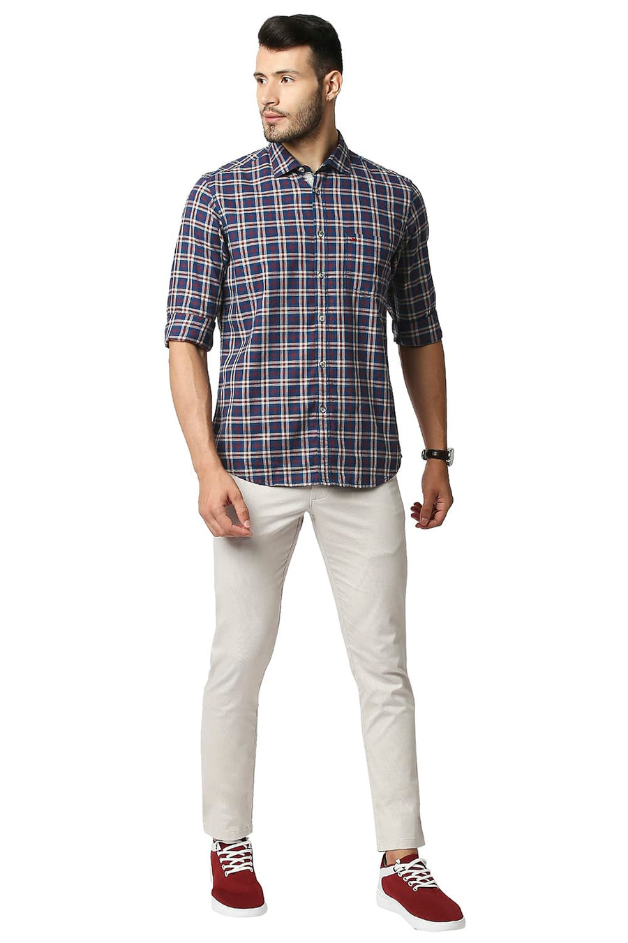 BASICS SLIM FIT PORT BROWN MELANGE CHECKS SHIRT