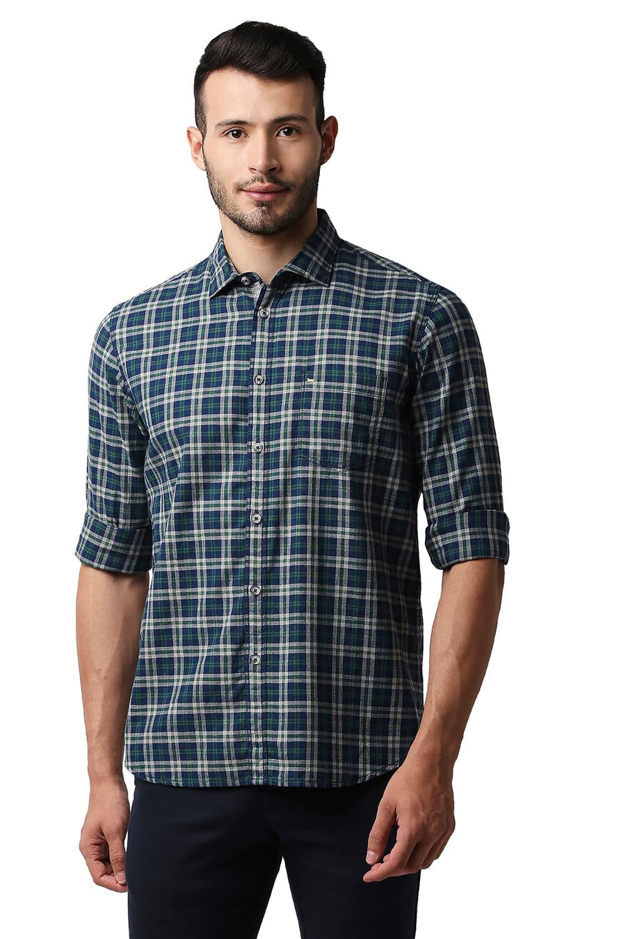 BASICS SLIM FIT JUNIPER GREEN MELANGE CHECKS SHIRT