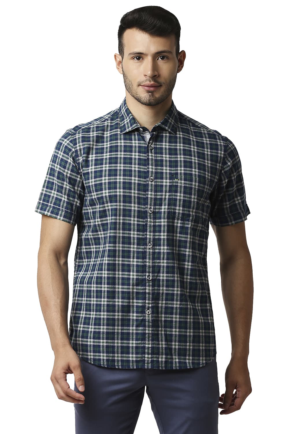 BASICS SLIM FIT MELANGE CHECKS HALFSLEEVES SHIRT