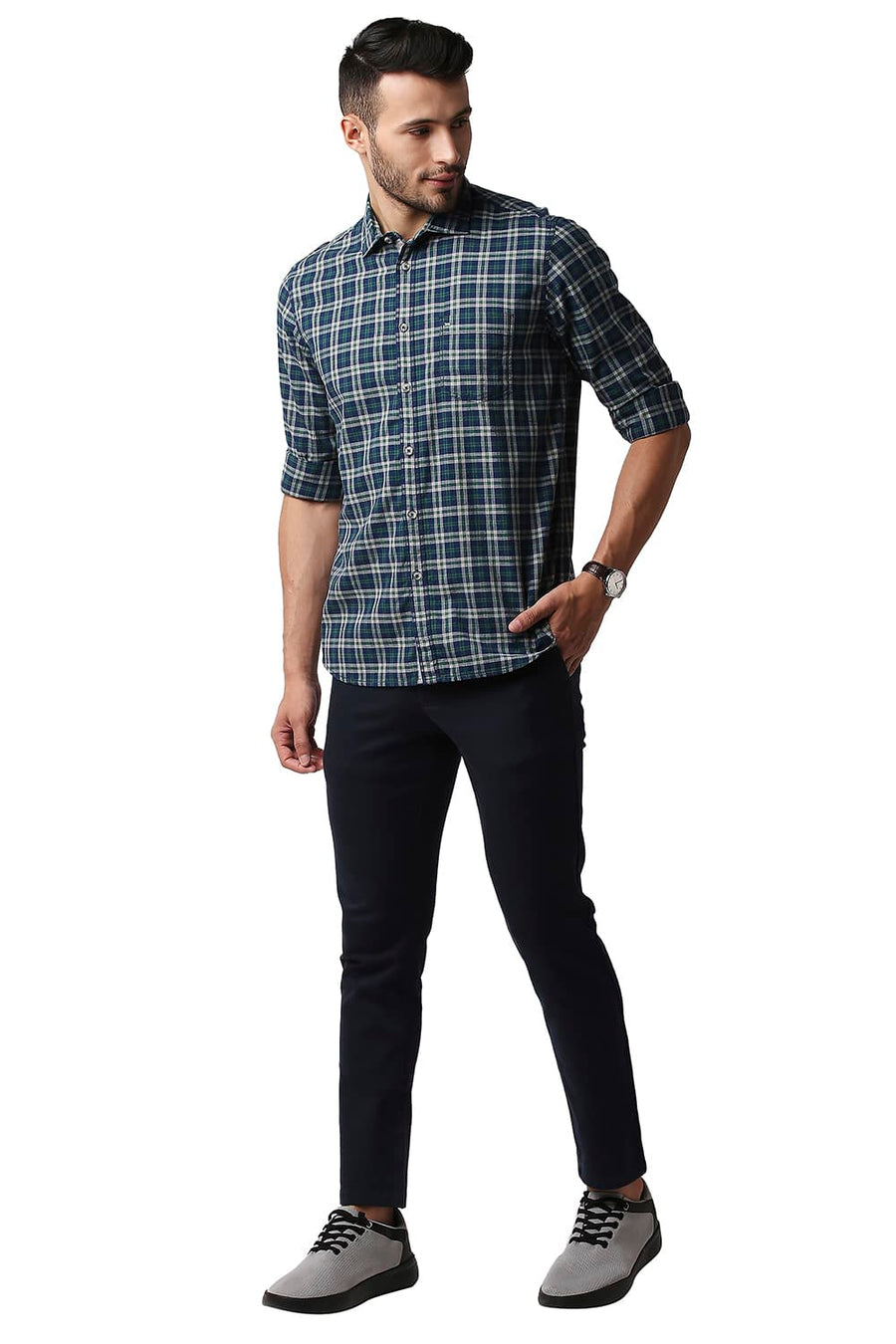 BASICS SLIM FIT JUNIPER GREEN MELANGE CHECKS SHIRT