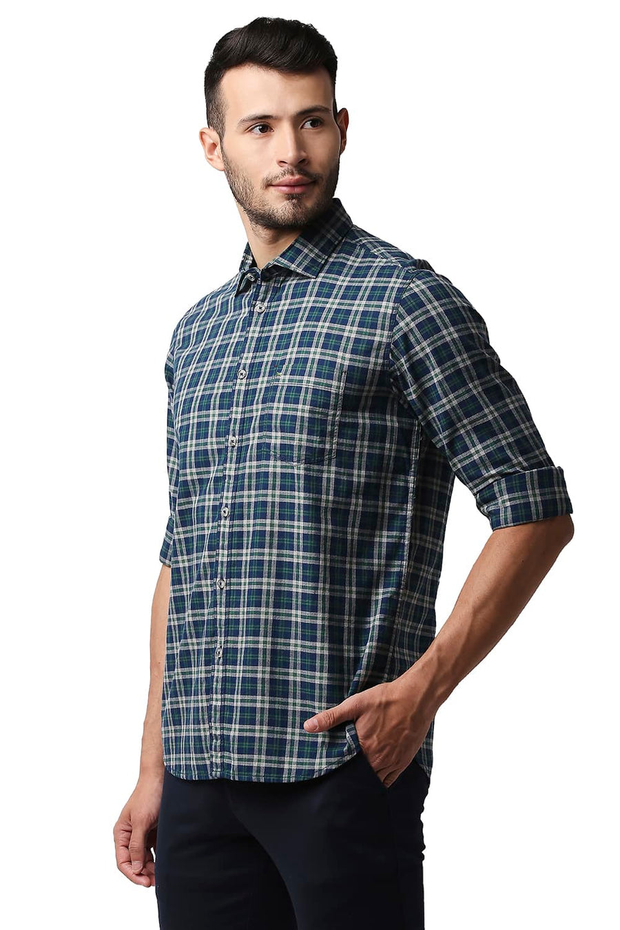 BASICS SLIM FIT JUNIPER GREEN MELANGE CHECKS SHIRT