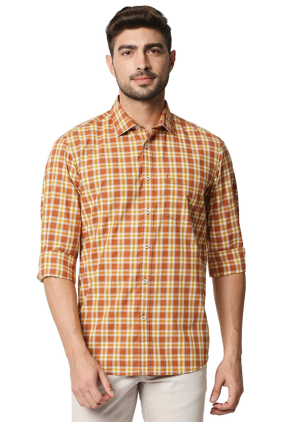 BASICS SLIM FIT SIERRA ORANGE CHECKS SHIRT