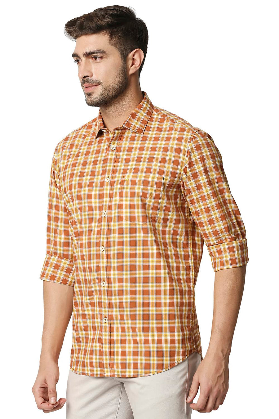 BASICS SLIM FIT SIERRA ORANGE CHECKS SHIRT