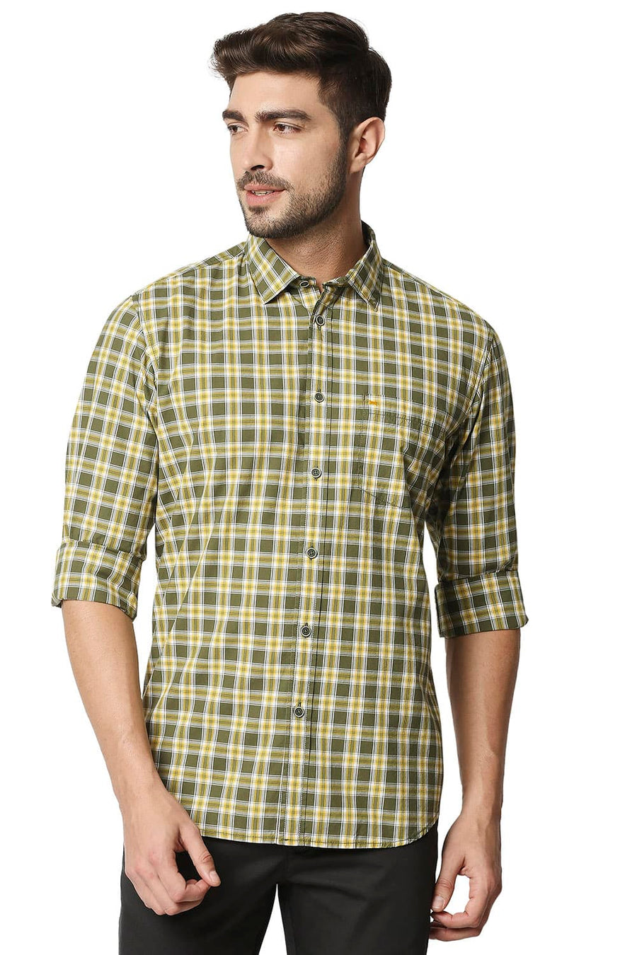 BASICS SLIM FIT CYPRESS GREEN CHECKS SHIRT