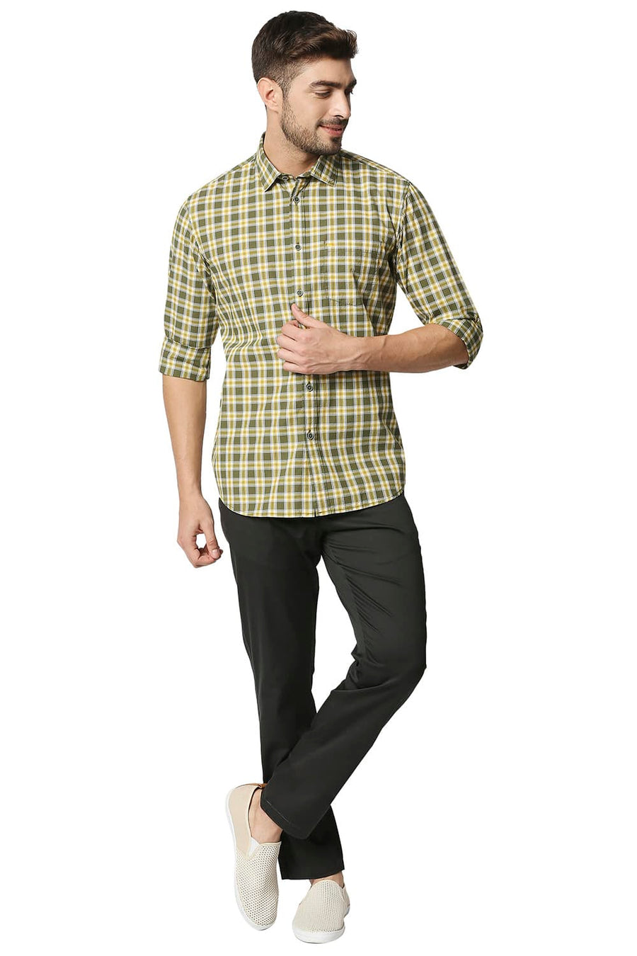 BASICS SLIM FIT CYPRESS GREEN CHECKS SHIRT