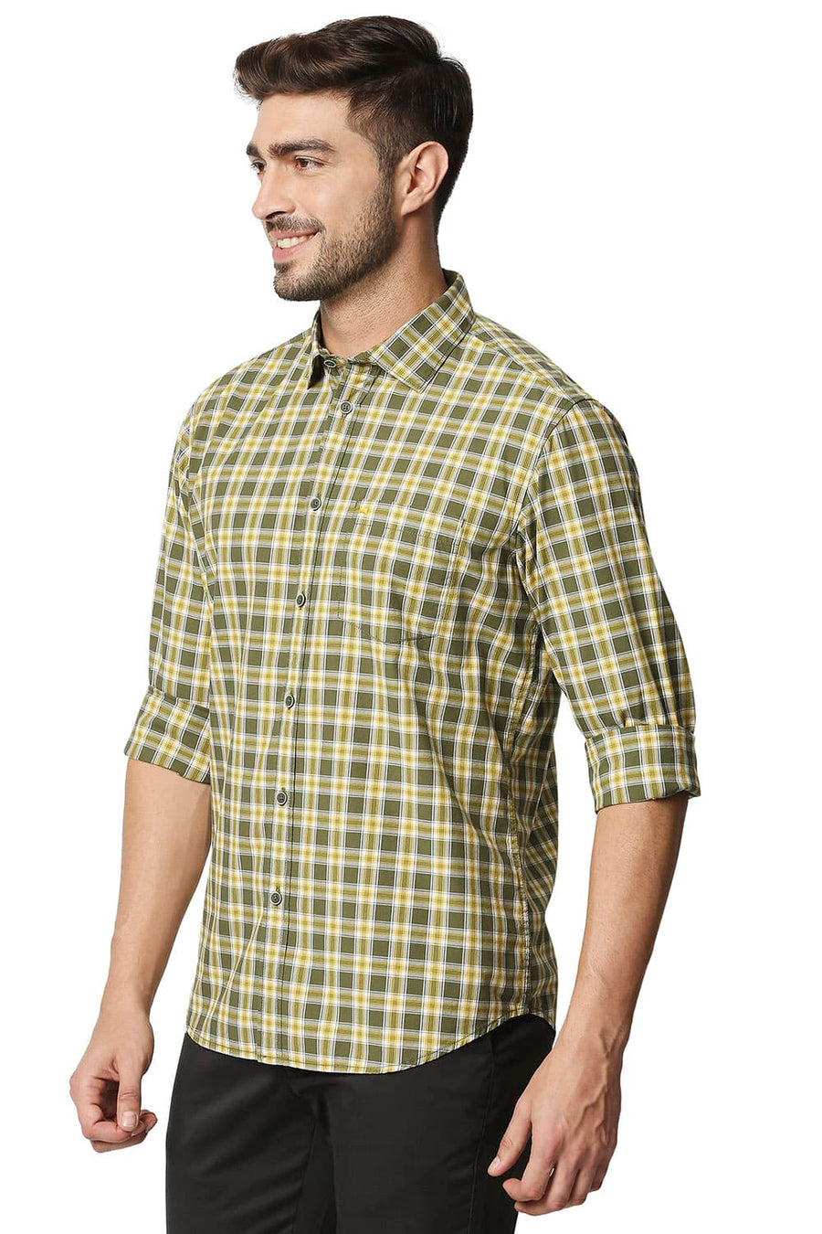 BASICS SLIM FIT CYPRESS GREEN CHECKS SHIRT