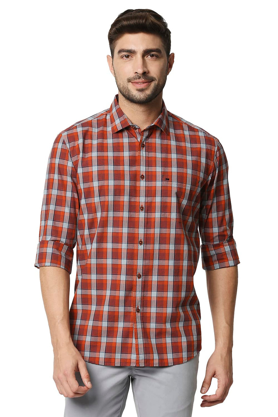 BASICS SLIM FIT KOI ORANGE CHECKS SHIRT