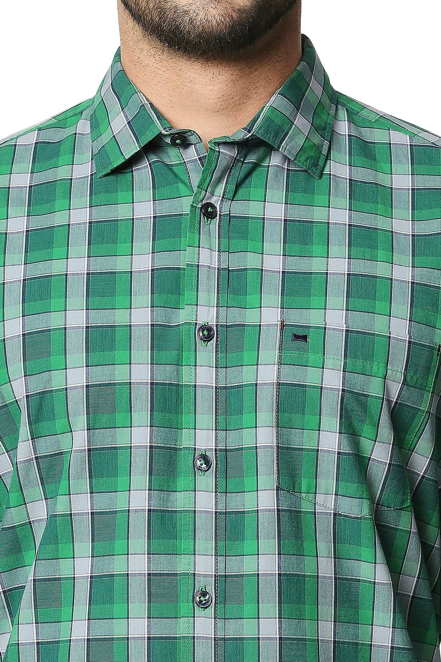 BASICS SLIM FIT KELLY GREEN CHECKS SHIRT