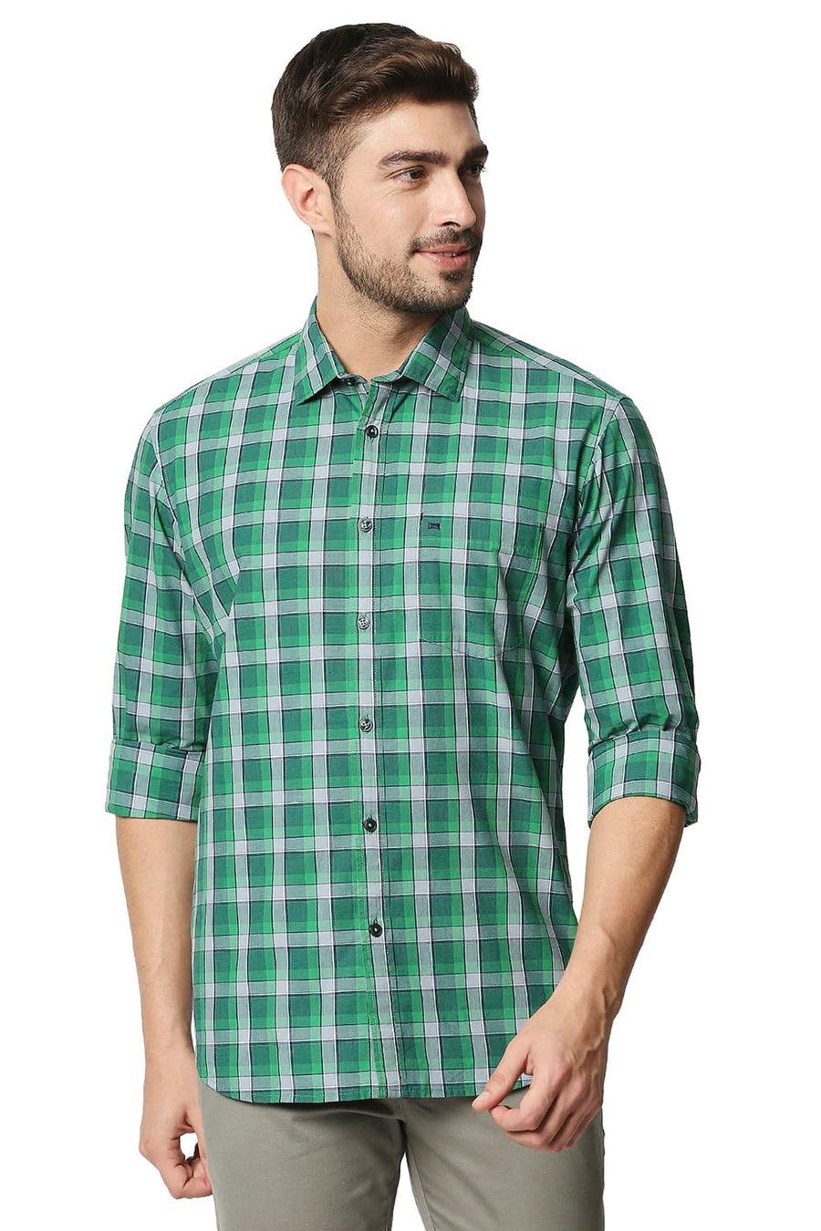 BASICS SLIM FIT KELLY GREEN CHECKS SHIRT