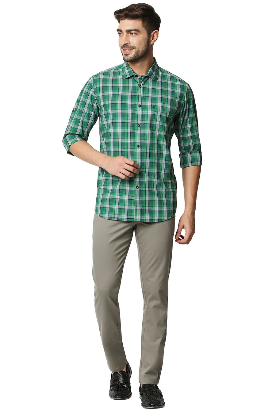 BASICS SLIM FIT KELLY GREEN CHECKS SHIRT