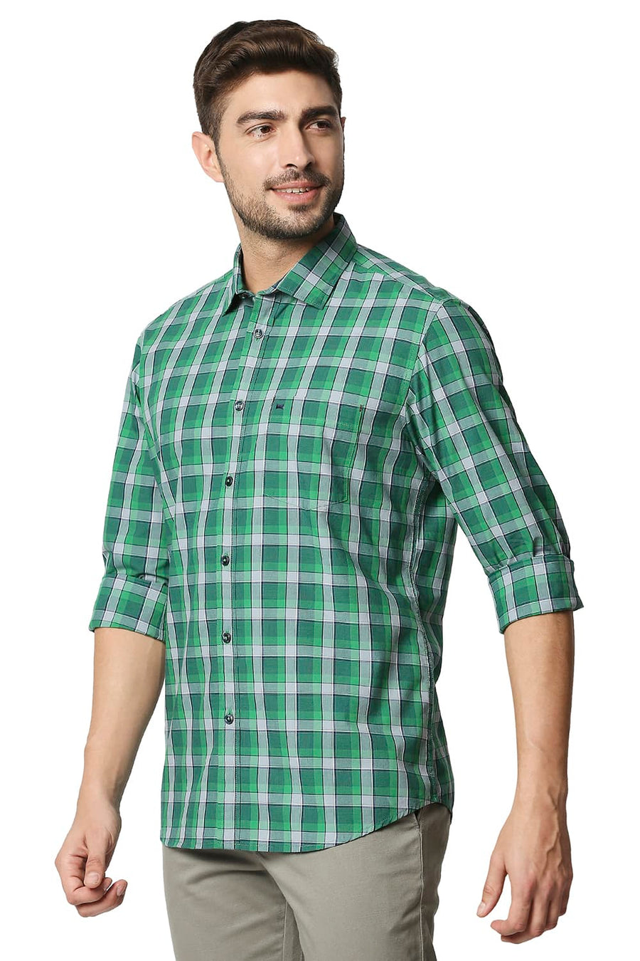 BASICS SLIM FIT KELLY GREEN CHECKS SHIRT