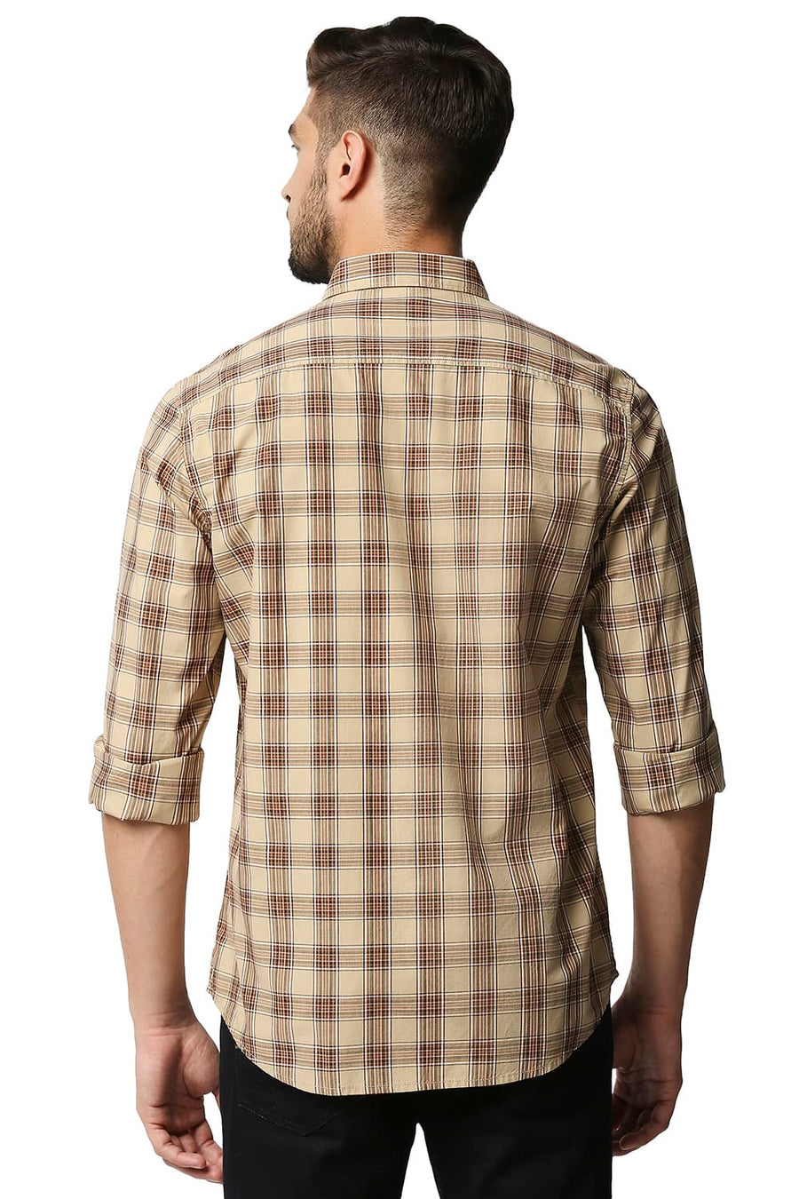 BASICS SLIM FIT PEBBLE BROWN CHECKS SHIRT
