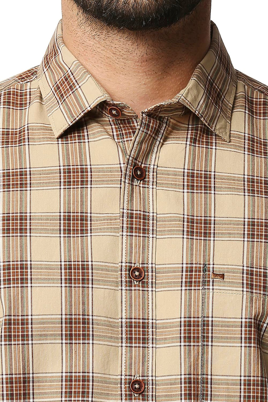 BASICS SLIM FIT PEBBLE BROWN CHECKS SHIRT