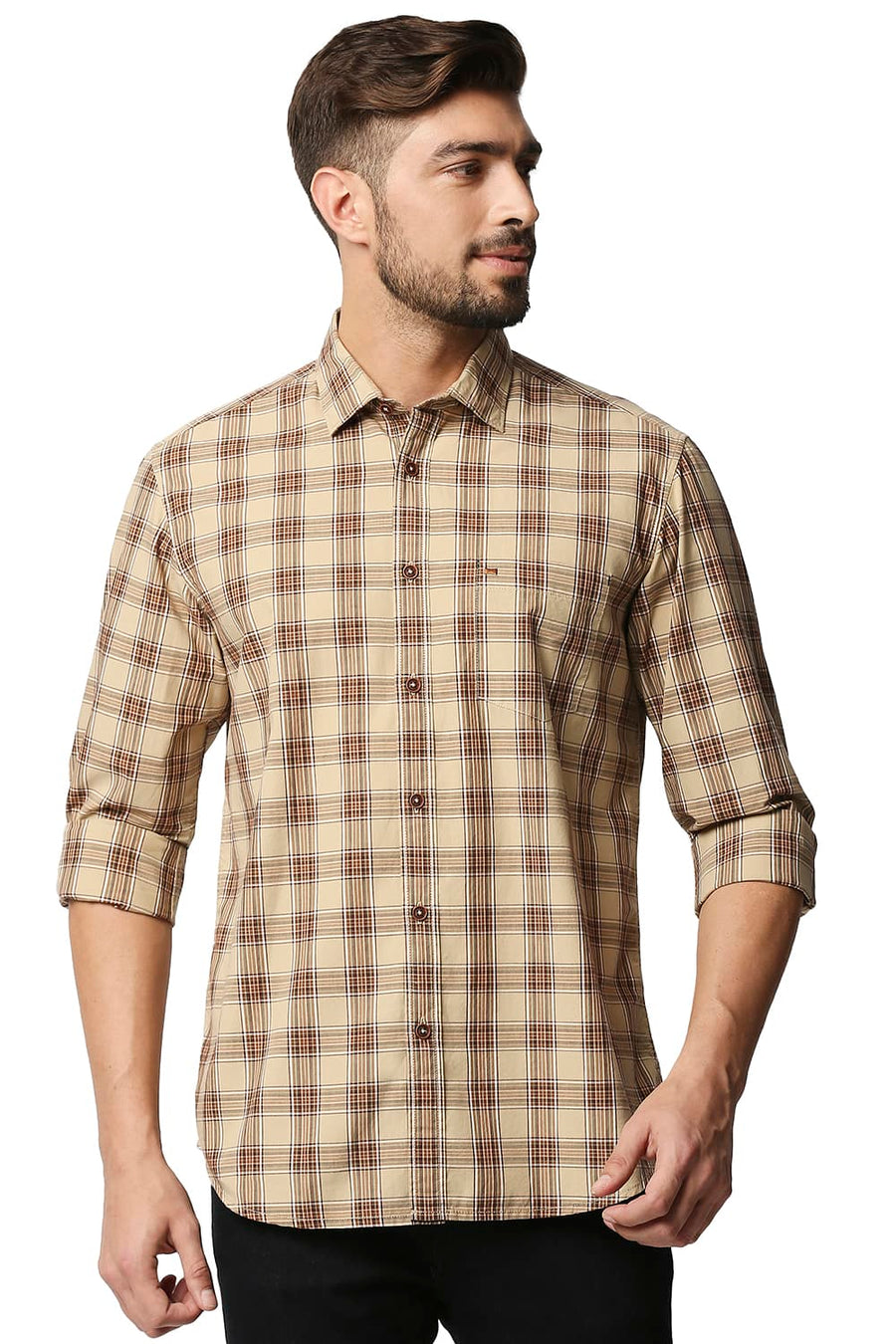 BASICS SLIM FIT PEBBLE BROWN CHECKS SHIRT