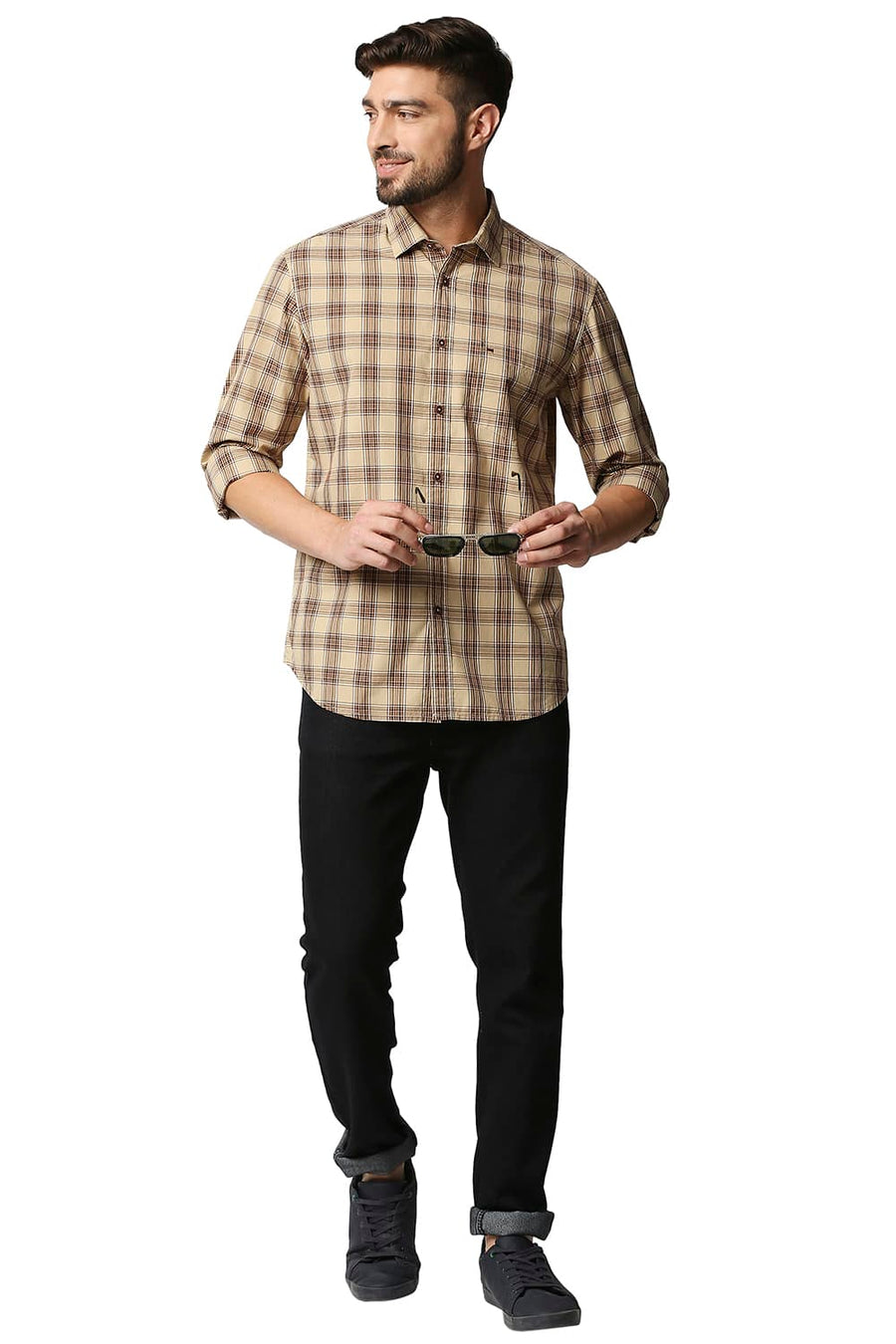 BASICS SLIM FIT PEBBLE BROWN CHECKS SHIRT