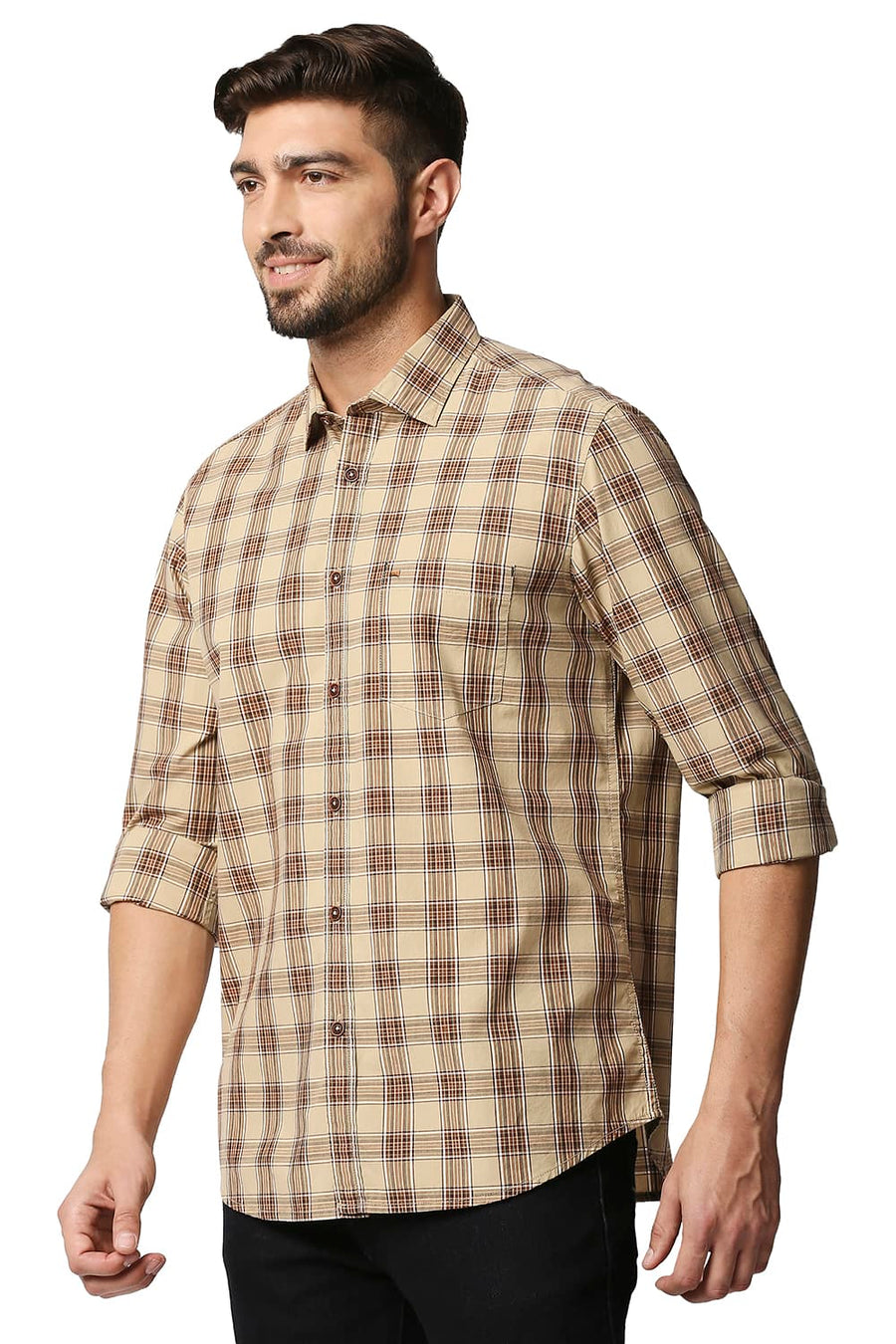 BASICS SLIM FIT PEBBLE BROWN CHECKS SHIRT