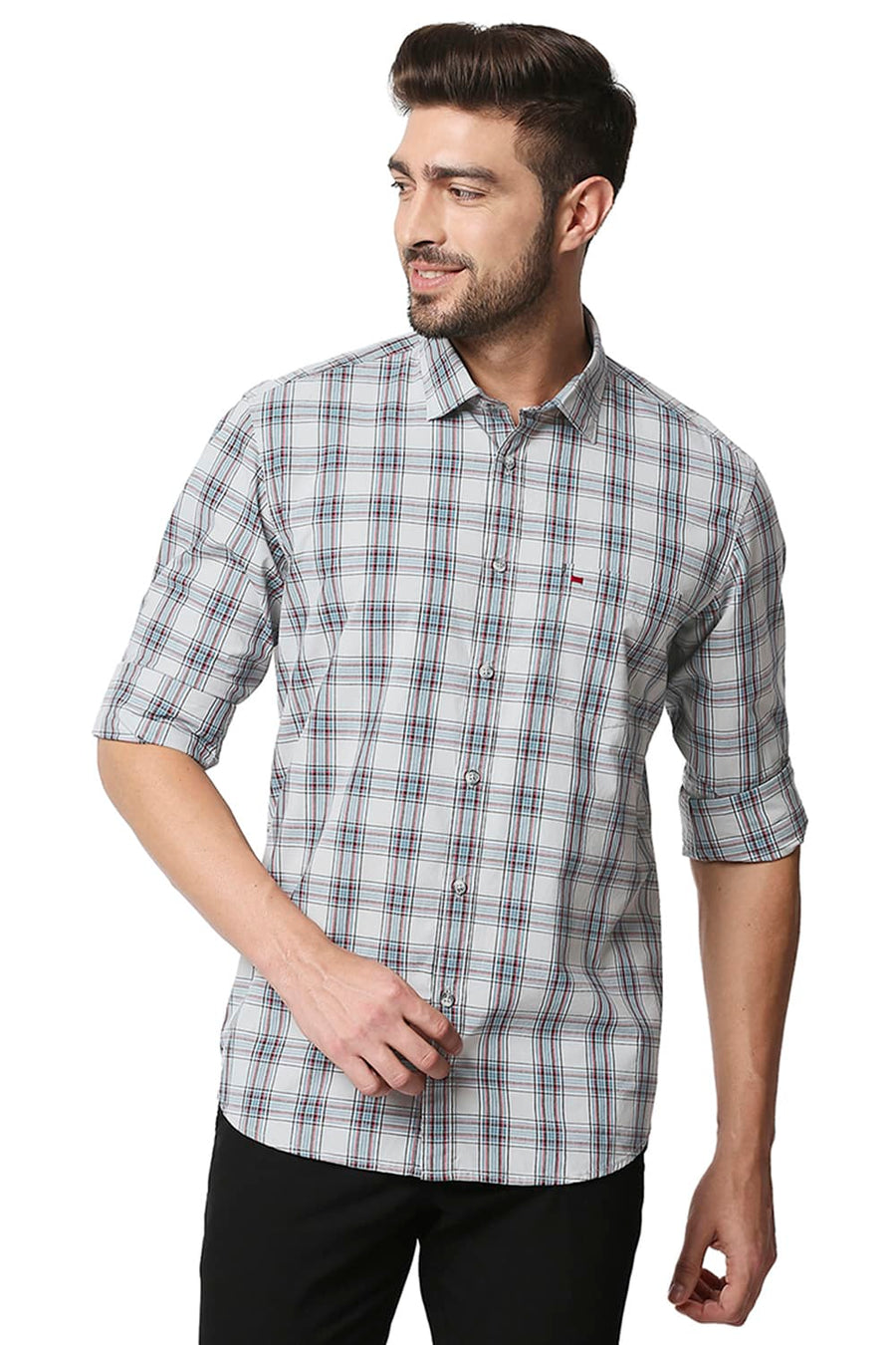 BASICS SLIM FIT HARBOR MIST GREY CHECKS SHIRT