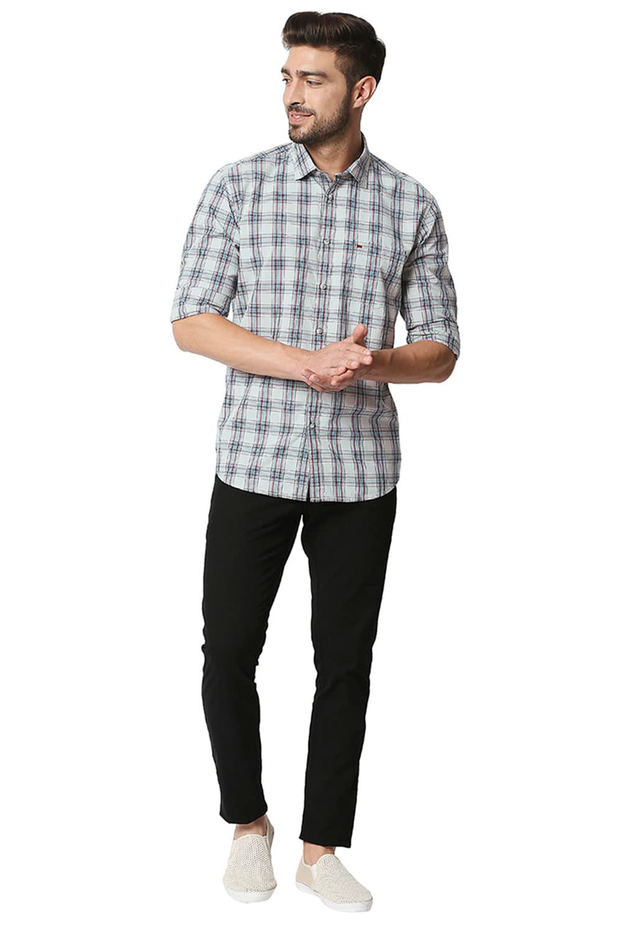 BASICS SLIM FIT HARBOR MIST GREY CHECKS SHIRT