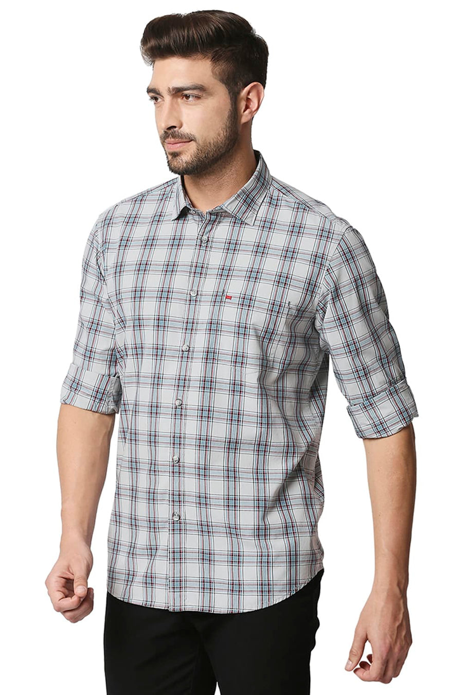 BASICS SLIM FIT HARBOR MIST GREY CHECKS SHIRT