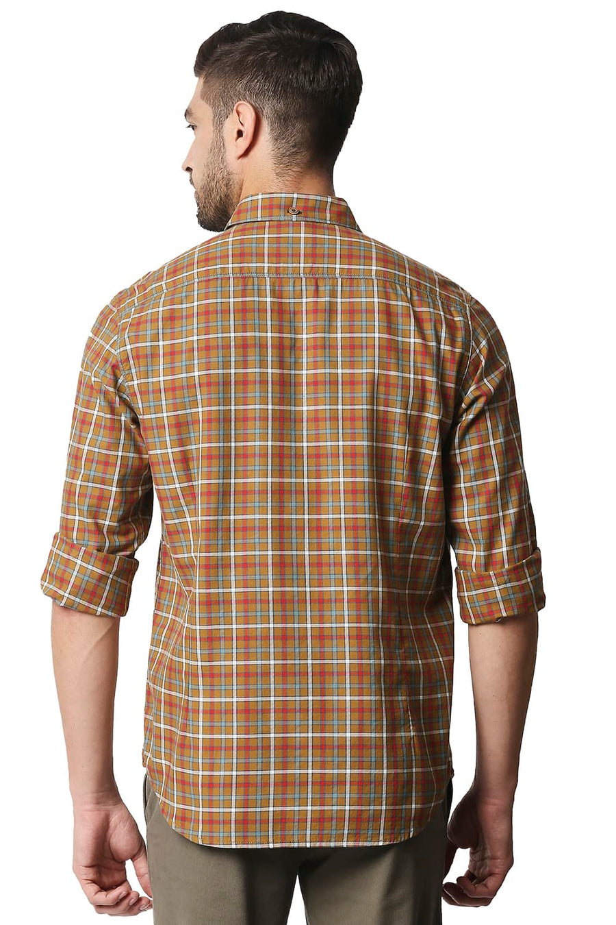 BASICS SLIM FIT WOOD THRUSH BROWN TWILL CHECKS SHIRT SHIRT
