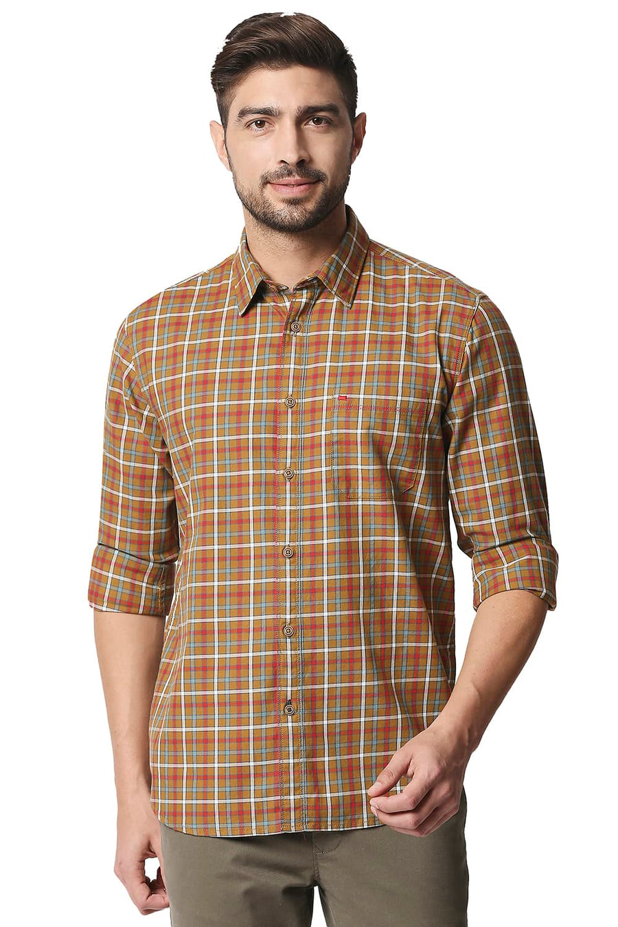 BASICS SLIM FIT WOOD THRUSH BROWN TWILL CHECKS SHIRT SHIRT