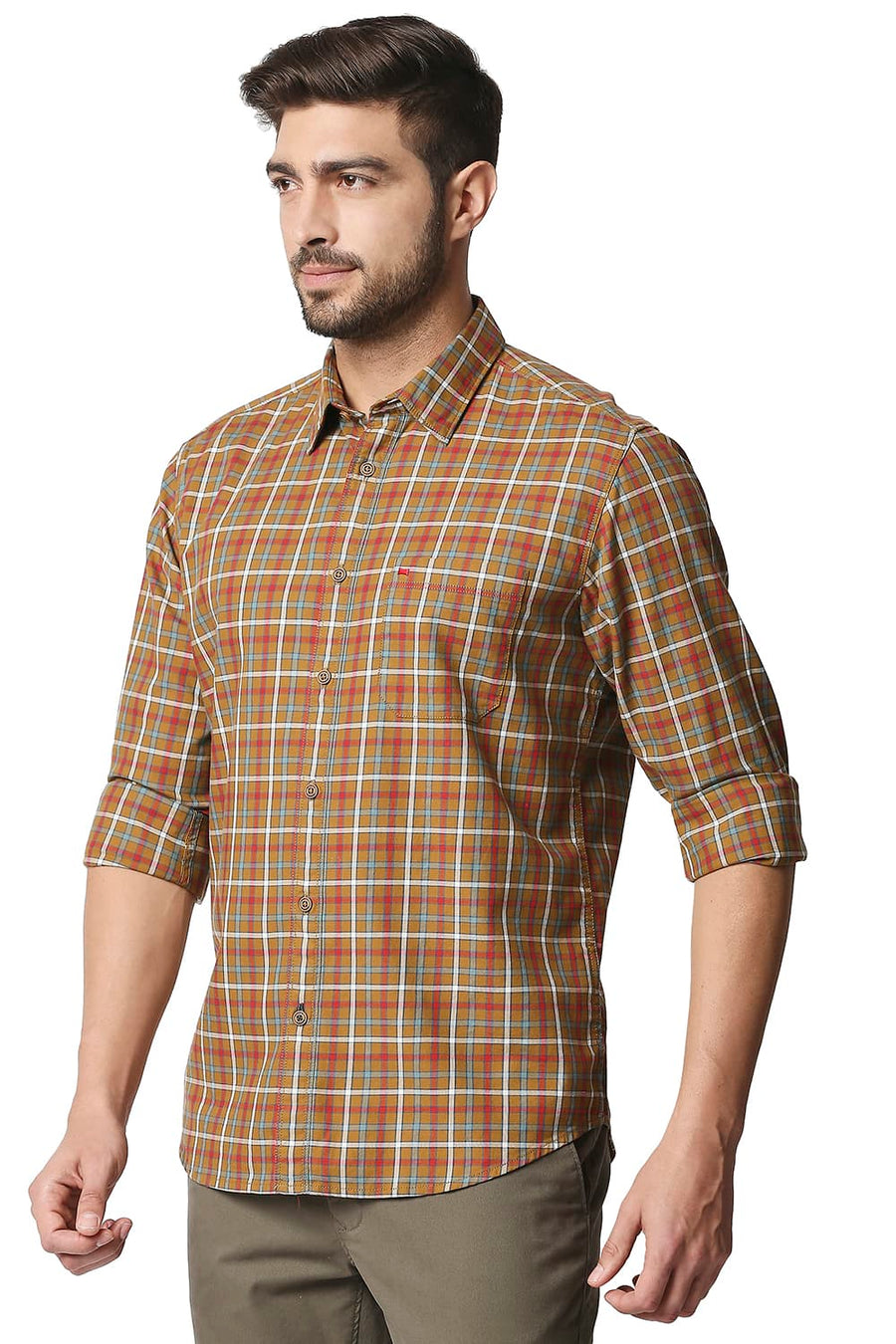 BASICS SLIM FIT WOOD THRUSH BROWN TWILL CHECKS SHIRT SHIRT