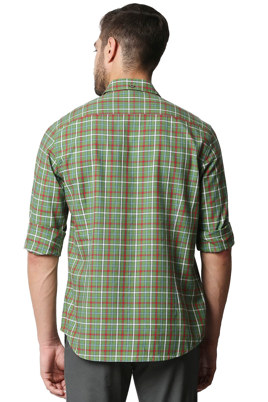 BASICS SLIM FIT WILLOW GREEN TWILL CHECKS SHIRT SHIRT