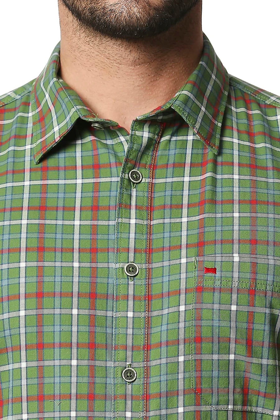 BASICS SLIM FIT WILLOW GREEN TWILL CHECKS SHIRT SHIRT