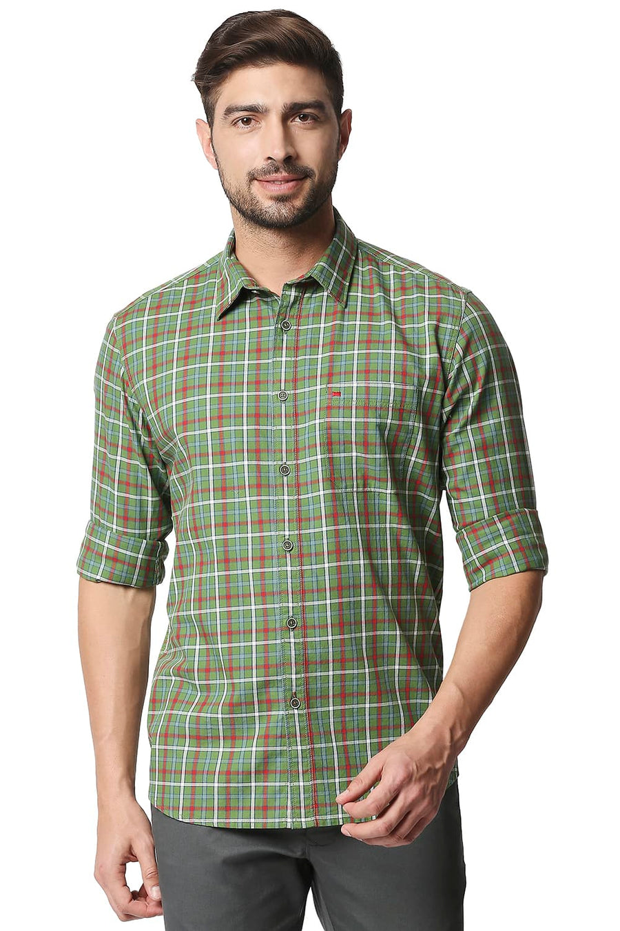 BASICS SLIM FIT WILLOW GREEN TWILL CHECKS SHIRT SHIRT