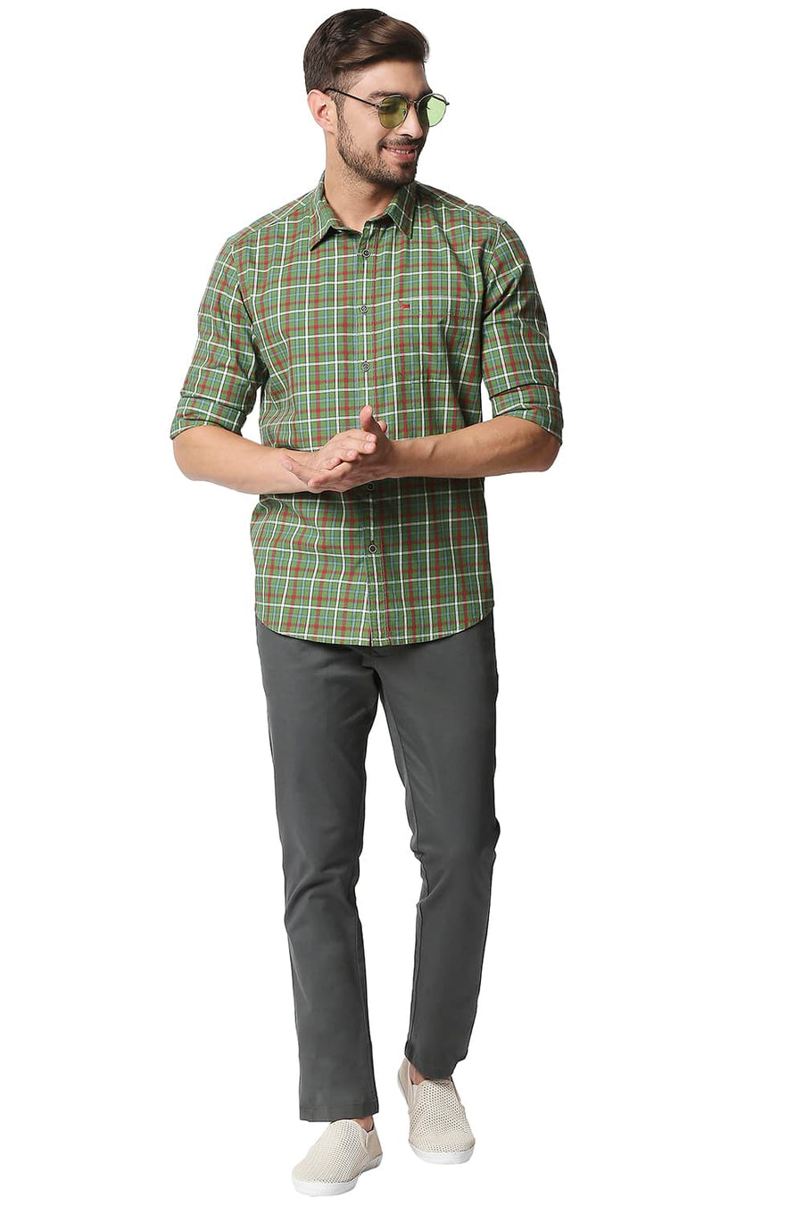 BASICS SLIM FIT WILLOW GREEN TWILL CHECKS SHIRT SHIRT
