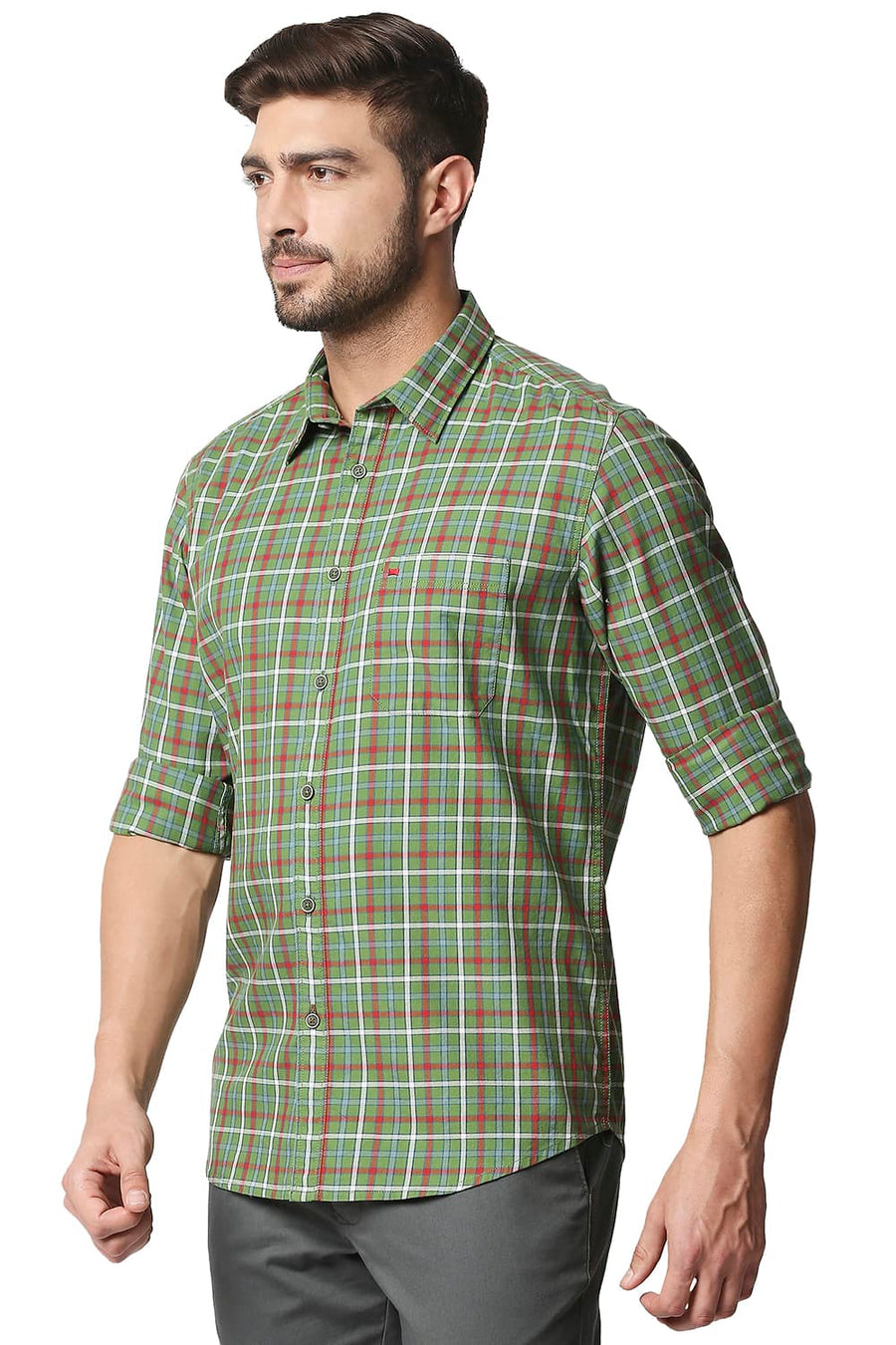 BASICS SLIM FIT WILLOW GREEN TWILL CHECKS SHIRT SHIRT