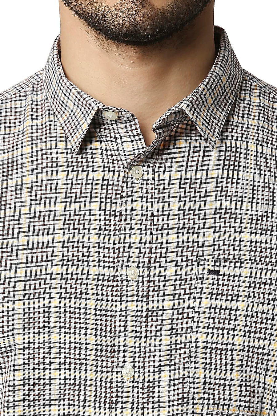 BASICS SLIM FIT CINNAMON BROWN TWILL CHECKS SHIRT