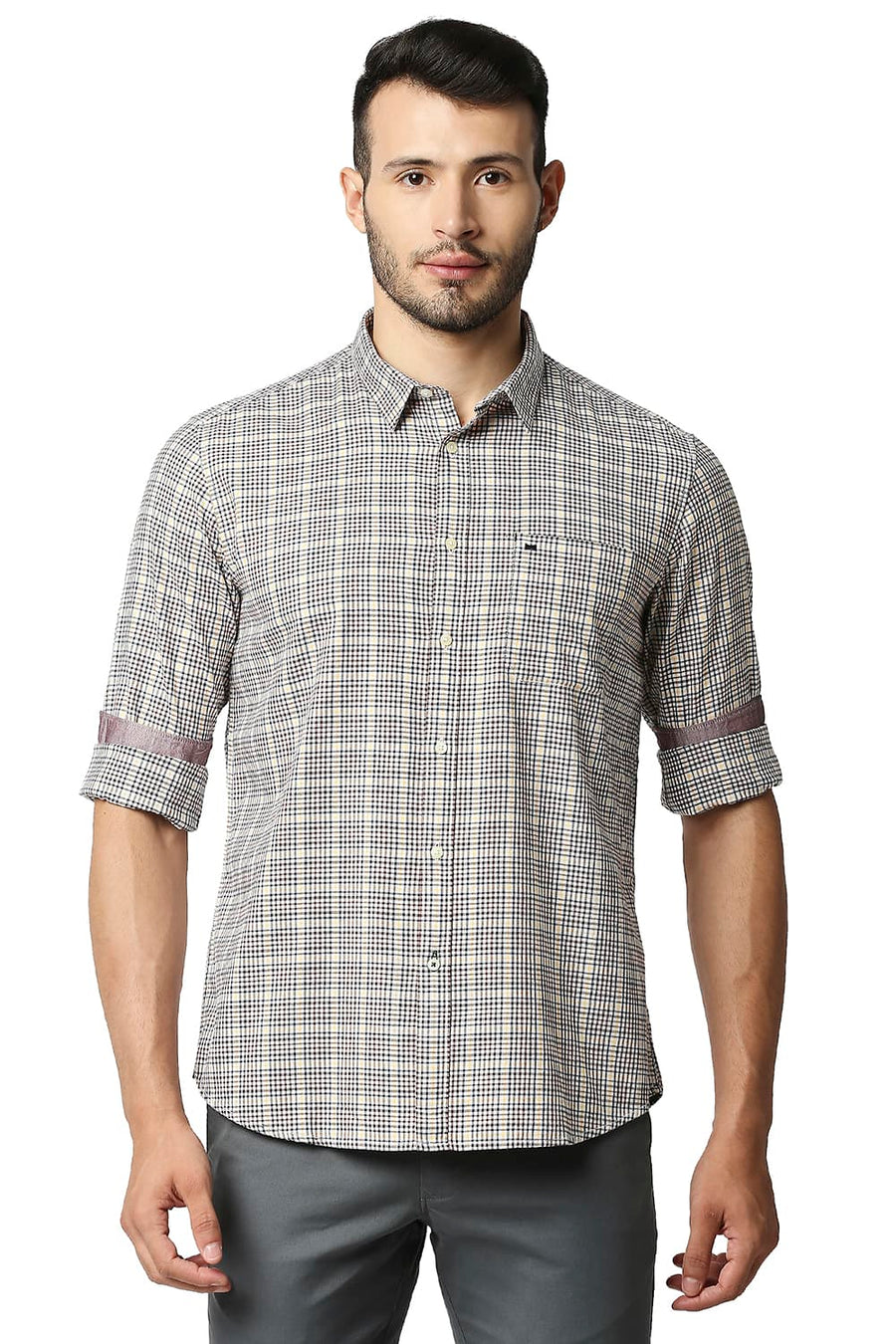 BASICS SLIM FIT CINNAMON BROWN TWILL CHECKS SHIRT