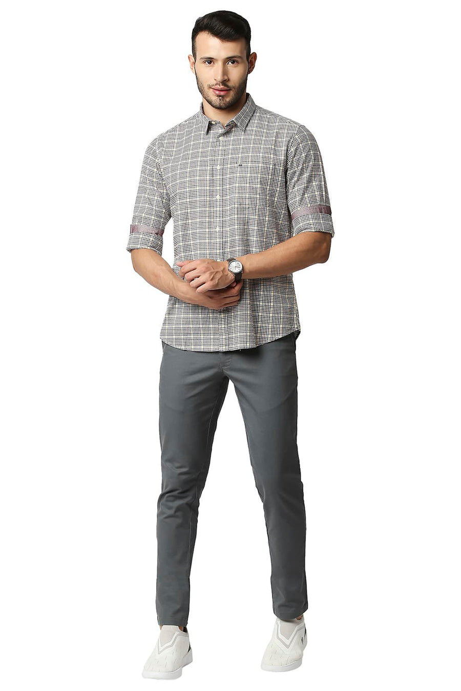 BASICS SLIM FIT CINNAMON BROWN TWILL CHECKS SHIRT