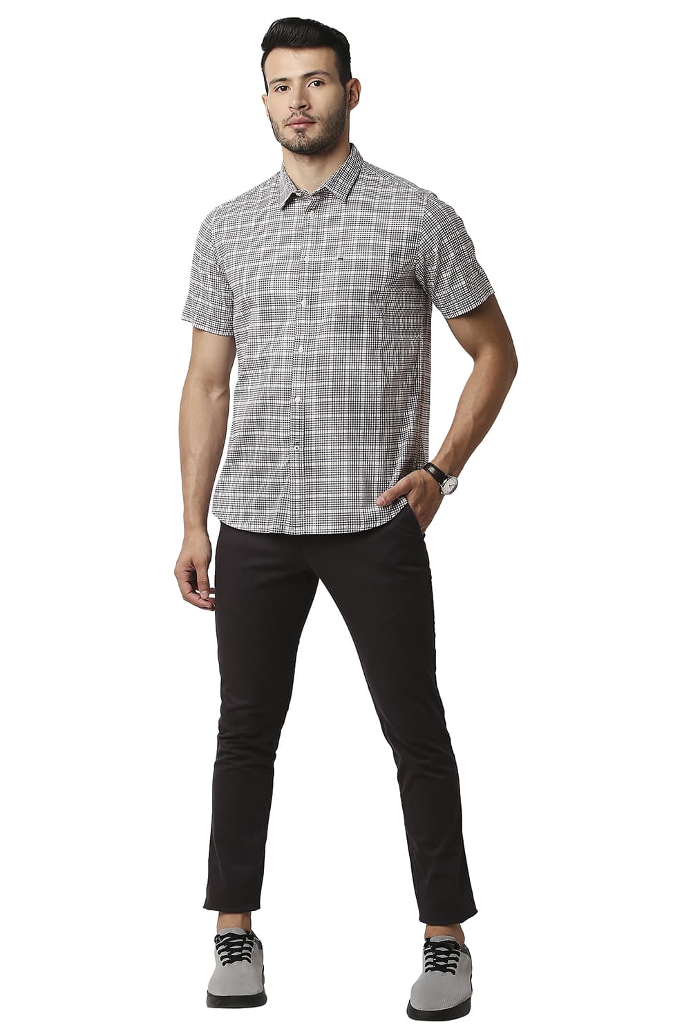 BASICS SLIM FIT TWILL CHECKS HALFSLEEVES SHIRT